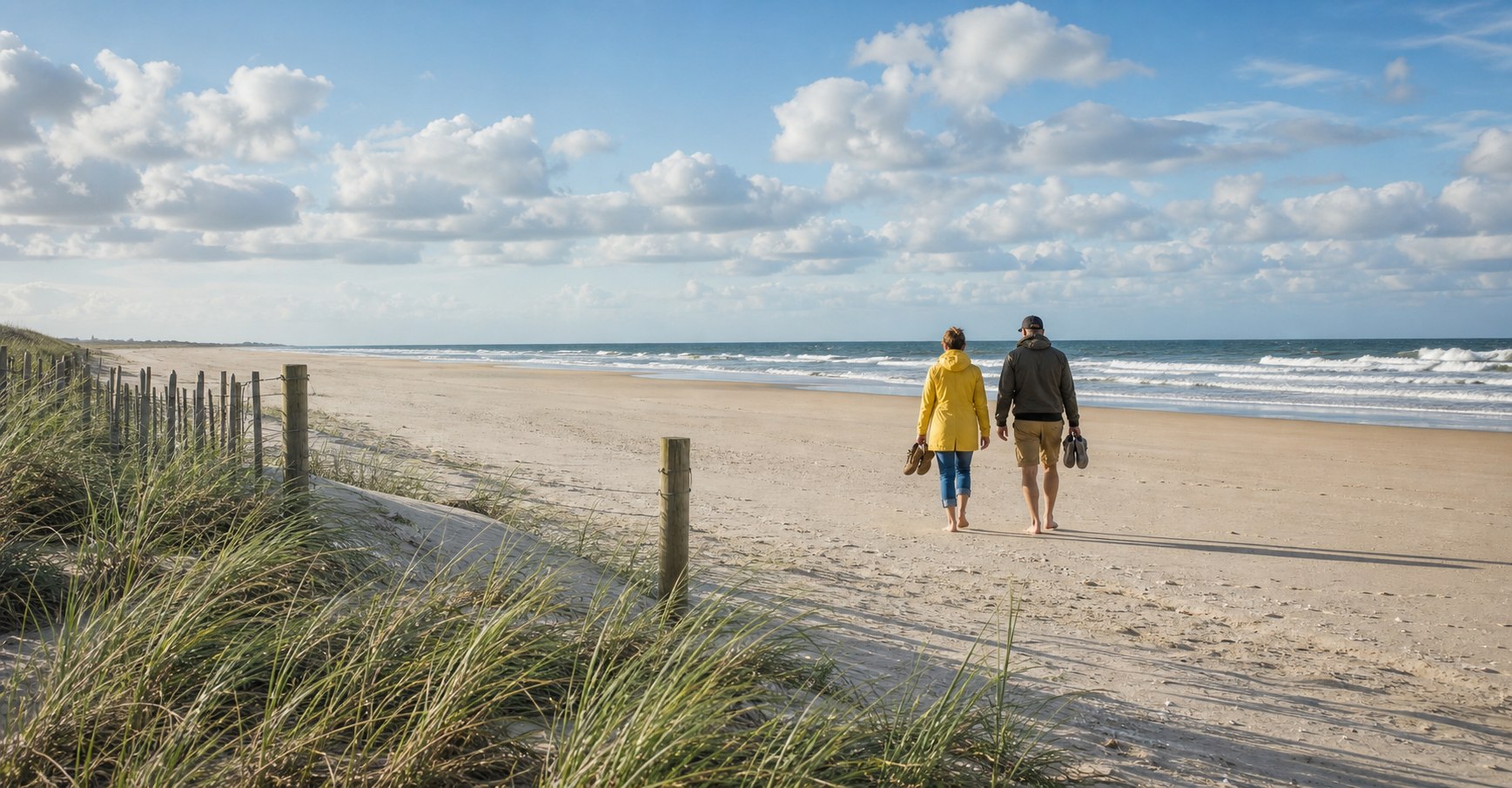 Twee wandelaars lopen langs duingras naar een rustig Nederlands strand