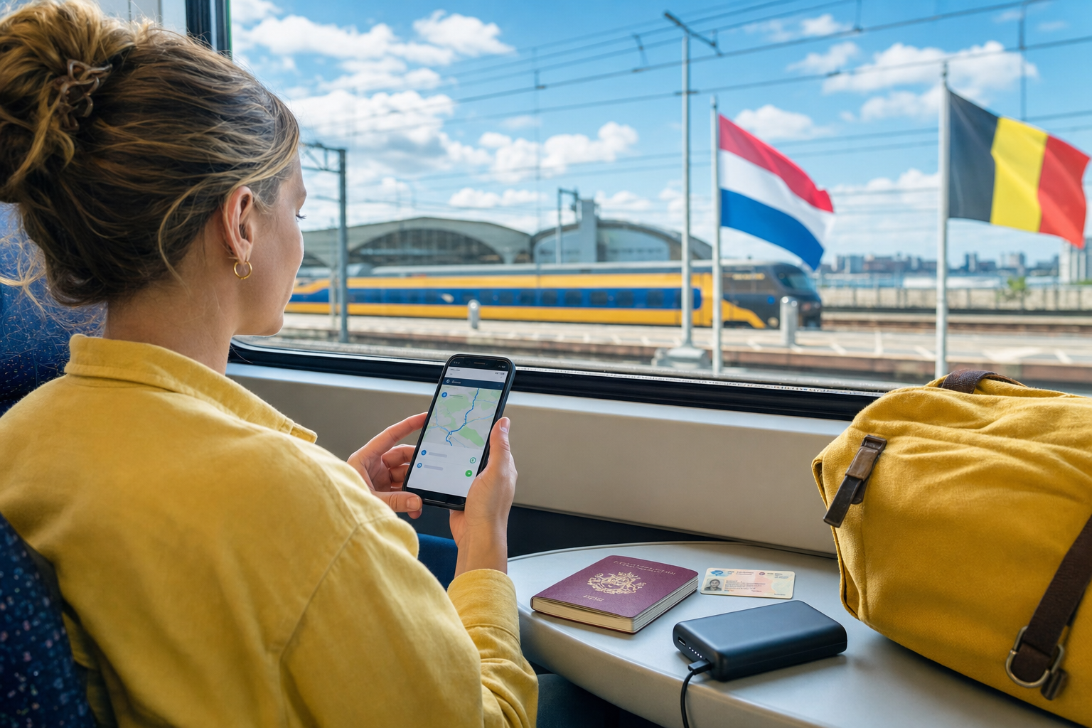 Reiziger in de trein bij de Nederlands-Belgische grens met telefoon, reisdocument en kleine dagtas