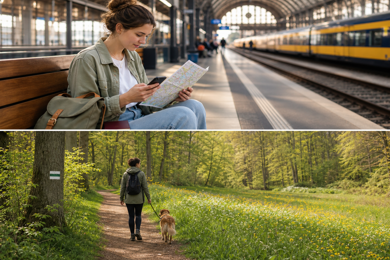 Reiziger controleert een kaart en telefoon op een Europees station