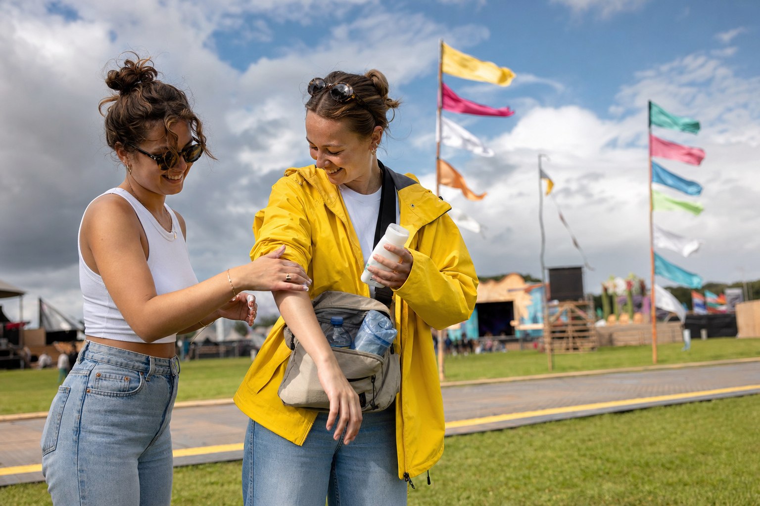 Festivalbezoekers pakken zonnebrand, poncho en waterfles in een kleine tas