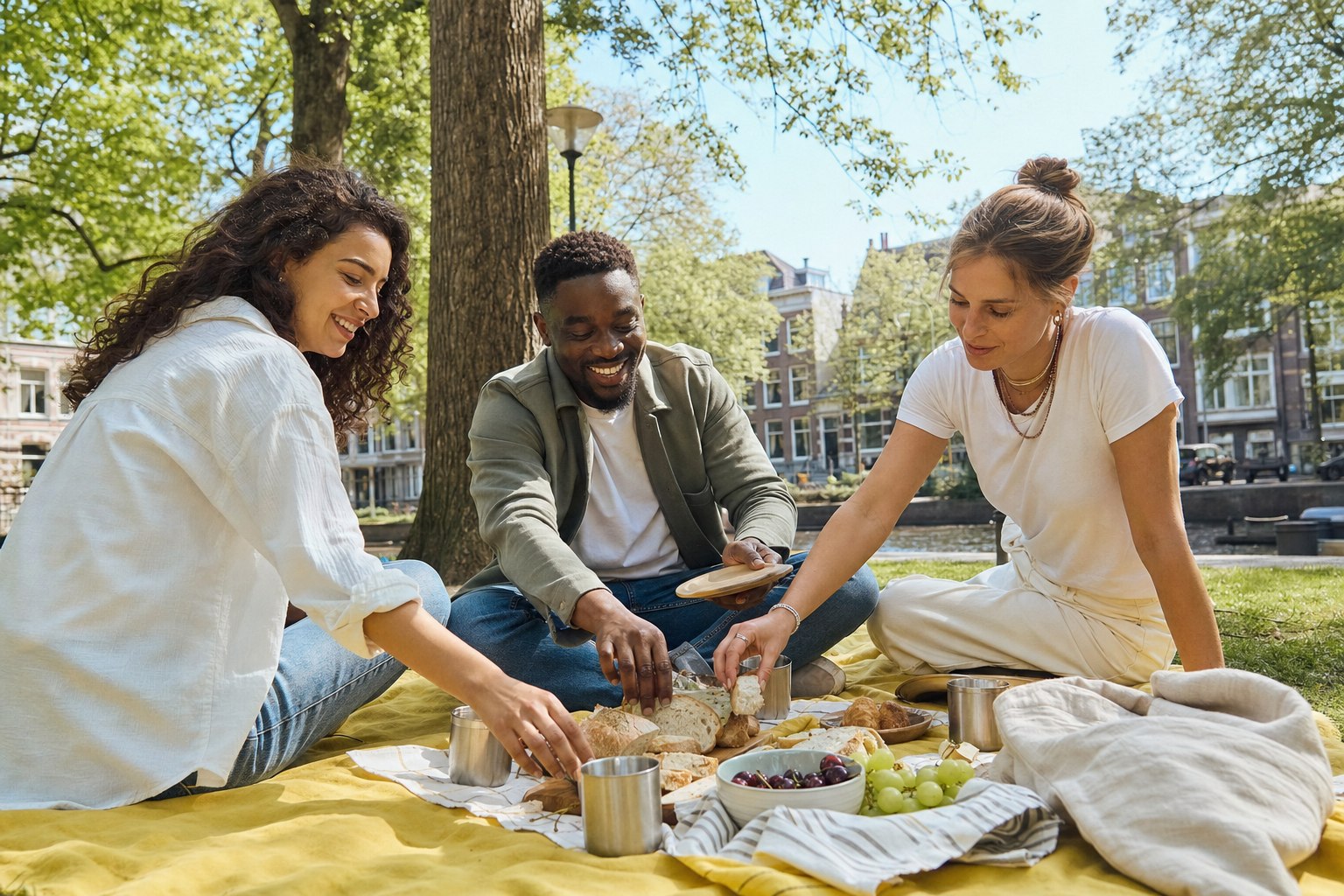 Drie vrienden zetten brood, fruit en bekers op een gele picknickdeken in een stadspark