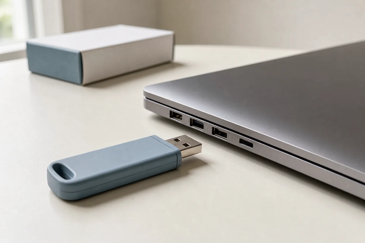 een USB-stick naast een laptop en een klein doosje ingeraamde dia’s