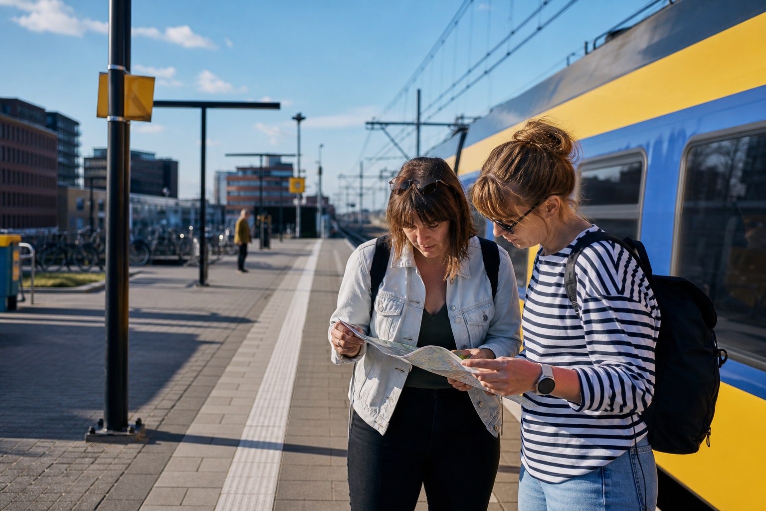 Twee reizigers met kleine rugzakken bekijken een kaart op een Nederlands perron