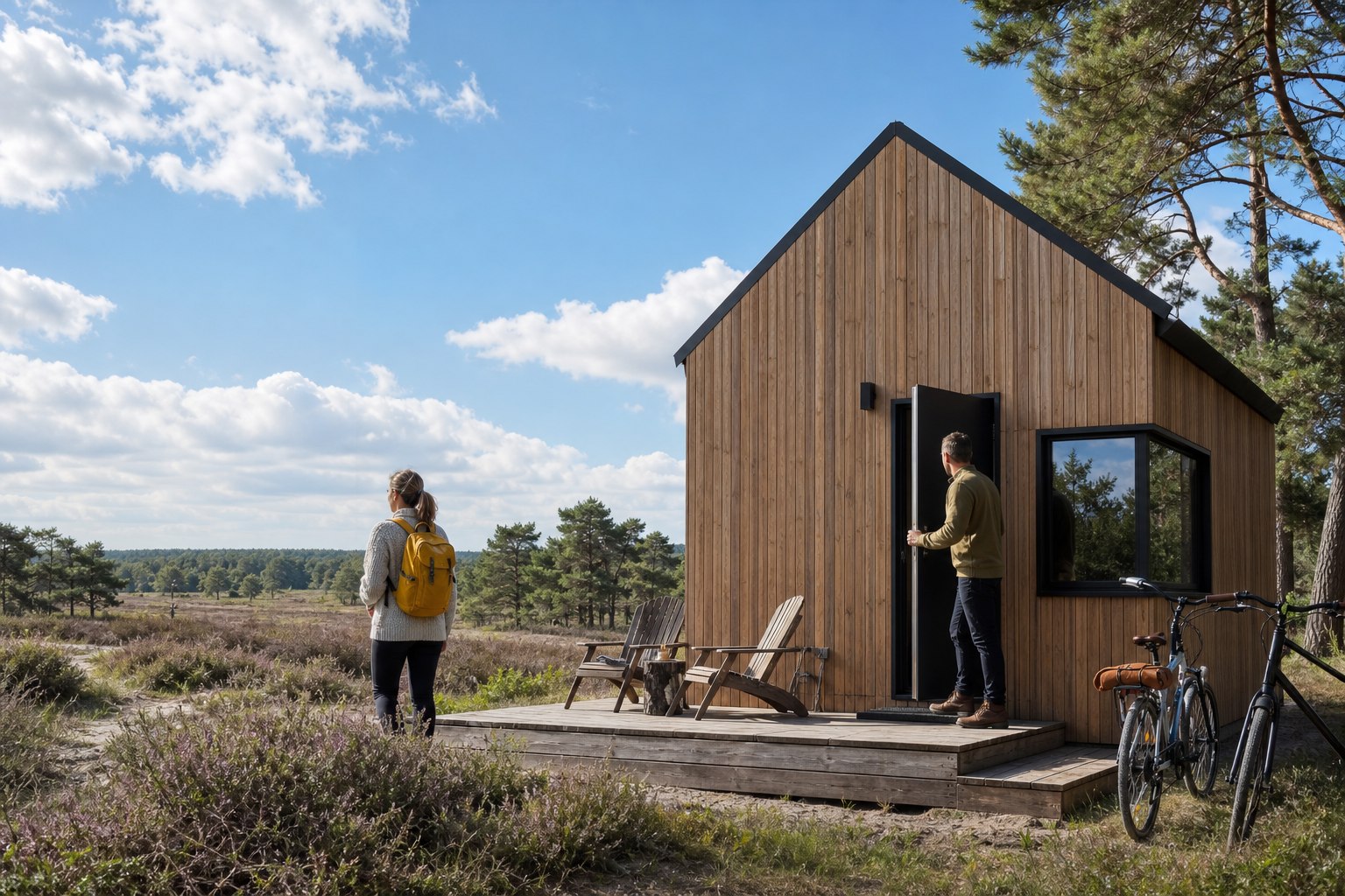 Twee reizigers komen aan bij een compact houten huisje naast bos en heide